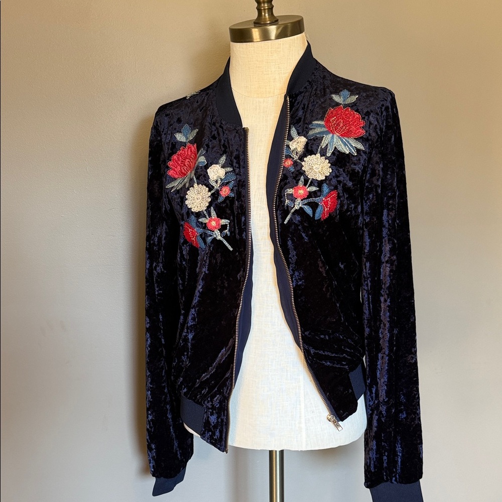 Solitaire Navy Velvet Bomber Jacket with Floral Embroidery